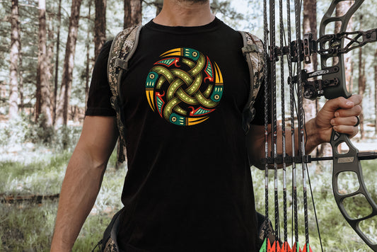 Man with bow in forest wearing rugged Black T-Shirt with authentic Viking Norse shield design