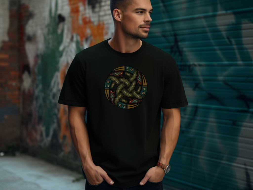 Man in city wearing rugged Black T-Shirt with authentic Viking Norse shield design