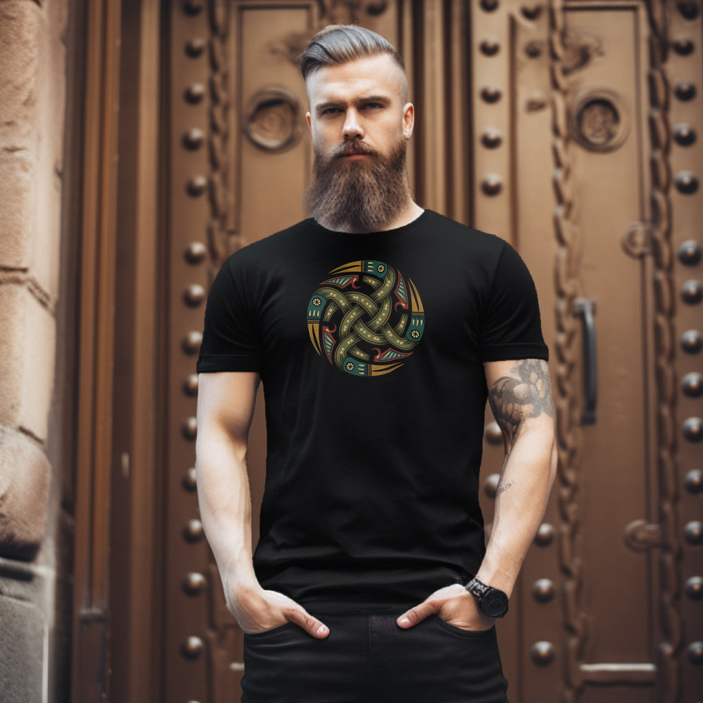 Bearded man in medieval city wearing rugged Black T-Shirt with authentic Viking Norse shield design