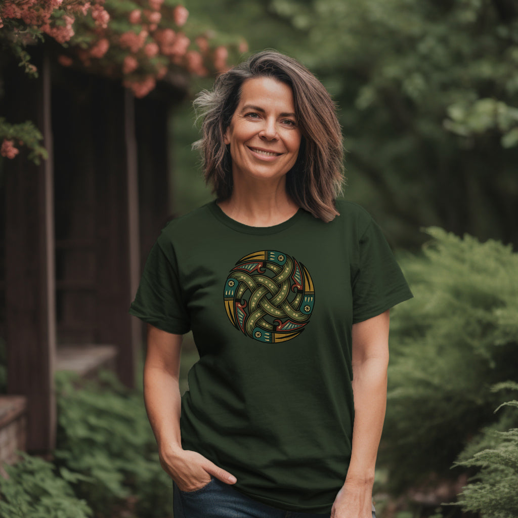 Woman in forest wearing rugged hemp green T-Shirt with authentic Viking Norse relic shield design