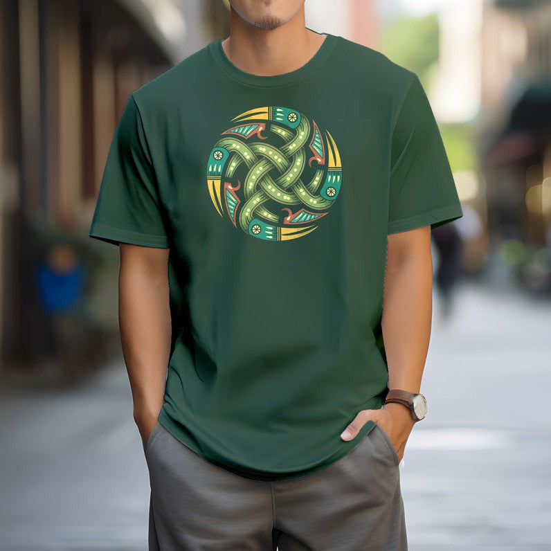 EXCLUSIVE Viking Norse Authentic Nordic Shield Design on hemp green T-Shirt, featuring Pagan Magic Mythology Symbols from relic shield