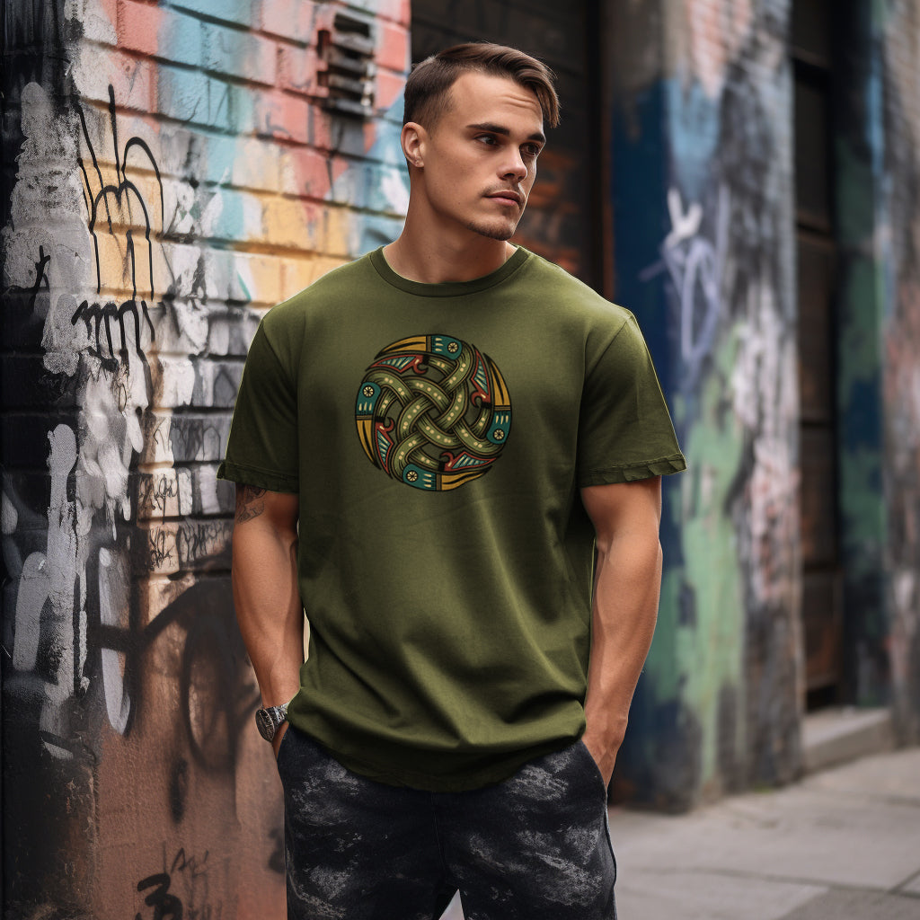 Man in urban setting wearing rugged hemp green T-Shirt with authentic Viking Norse relic shield design