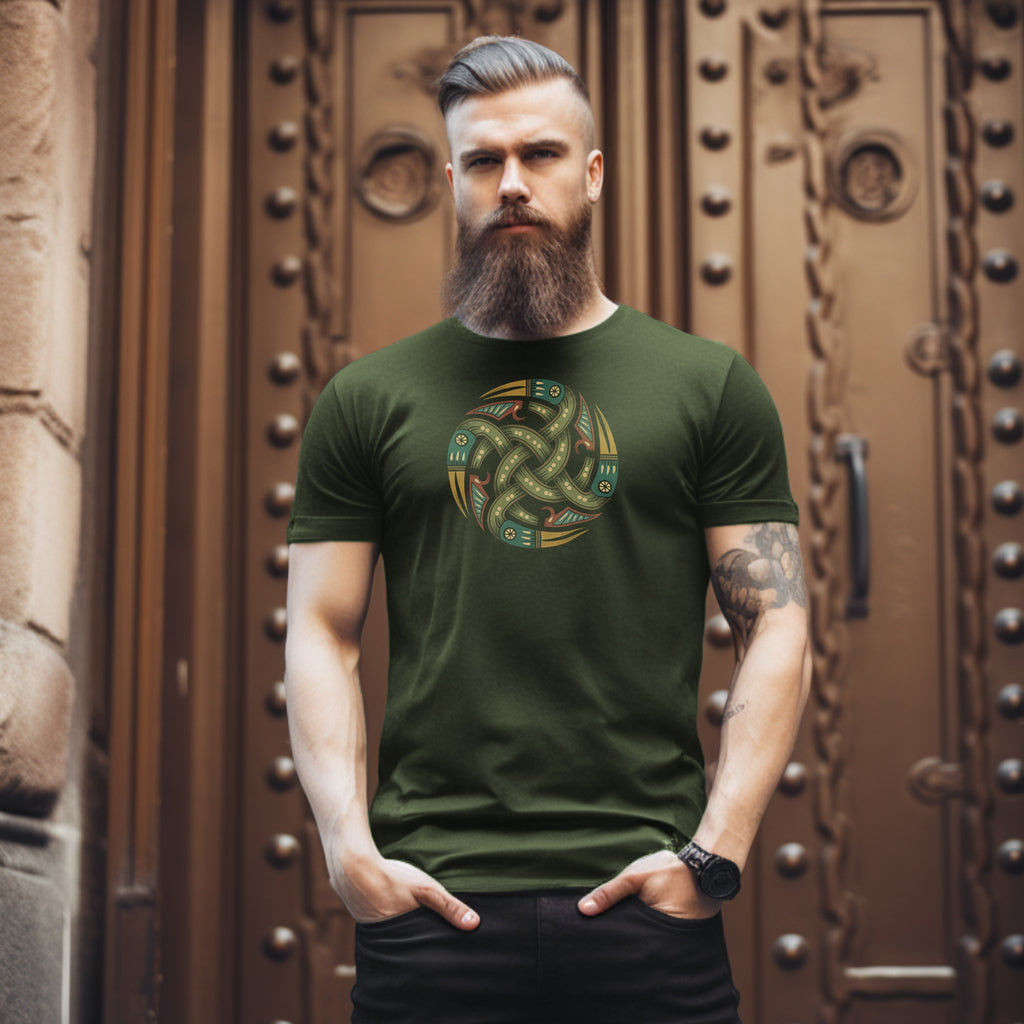 Man with beard wearing rugged hemp-colored T-Shirt with authentic Viking Norse relic shield design