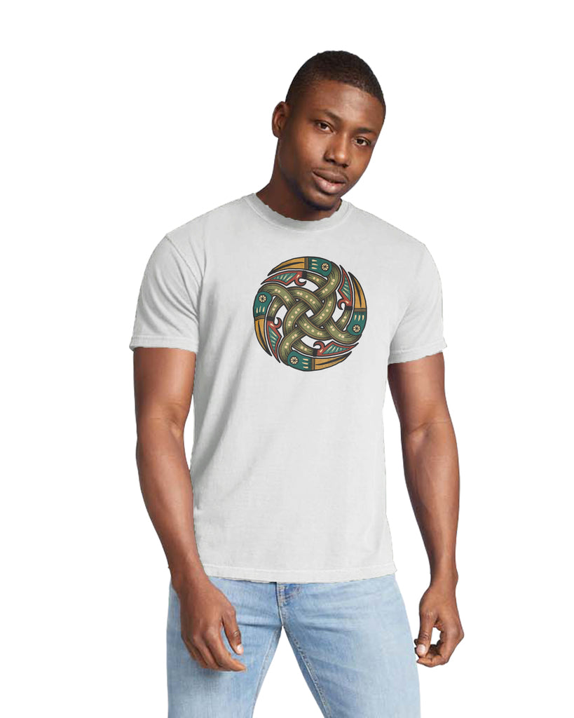 Man wearing rugged Khaki T-Shirt with authentic Viking Norse shield design