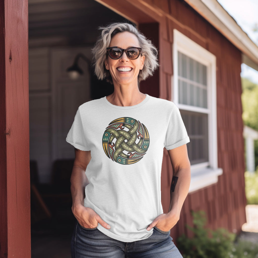 Smiling woman outside barn wearing rugged Khaki T-Shirt with authentic Viking Norse shield design