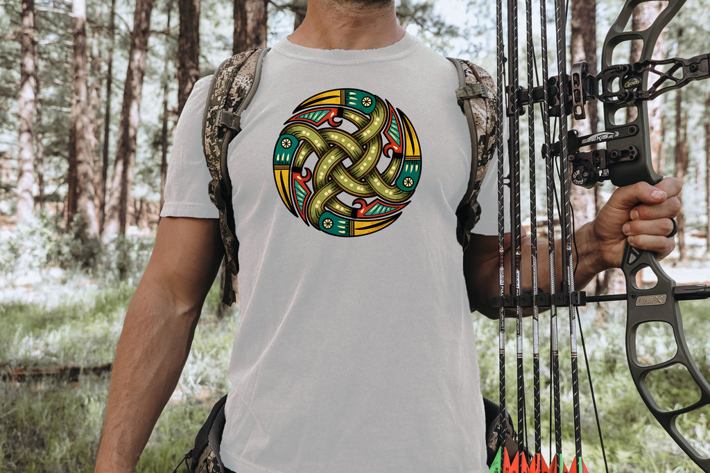 Man with bow and arrows wearing rugged Khaki T-Shirt with authentic Viking Norse shield design