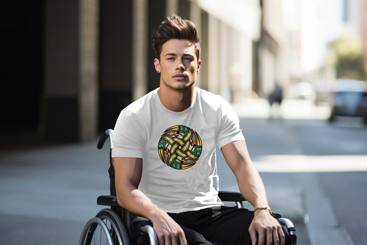 Man in wheelchair wearing rugged Khaki T-Shirt with authentic Viking Norse relic shield design