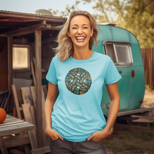 Smiling Woman wearing rugged Sapphire Blue T-Shirt with authentic Viking Norse shield design